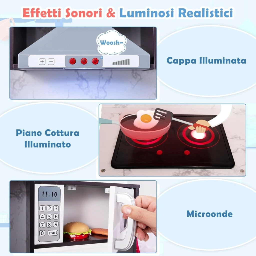 Set di Cucina Giocattolo per Bambini, con Luci e Suoni, Cappa Aspirante illuminata, Fornelli, Forno a Microonde, Distributore d'acqua e Lavatrice, Ideale per Bambini 3 Anni+ (Caffè)