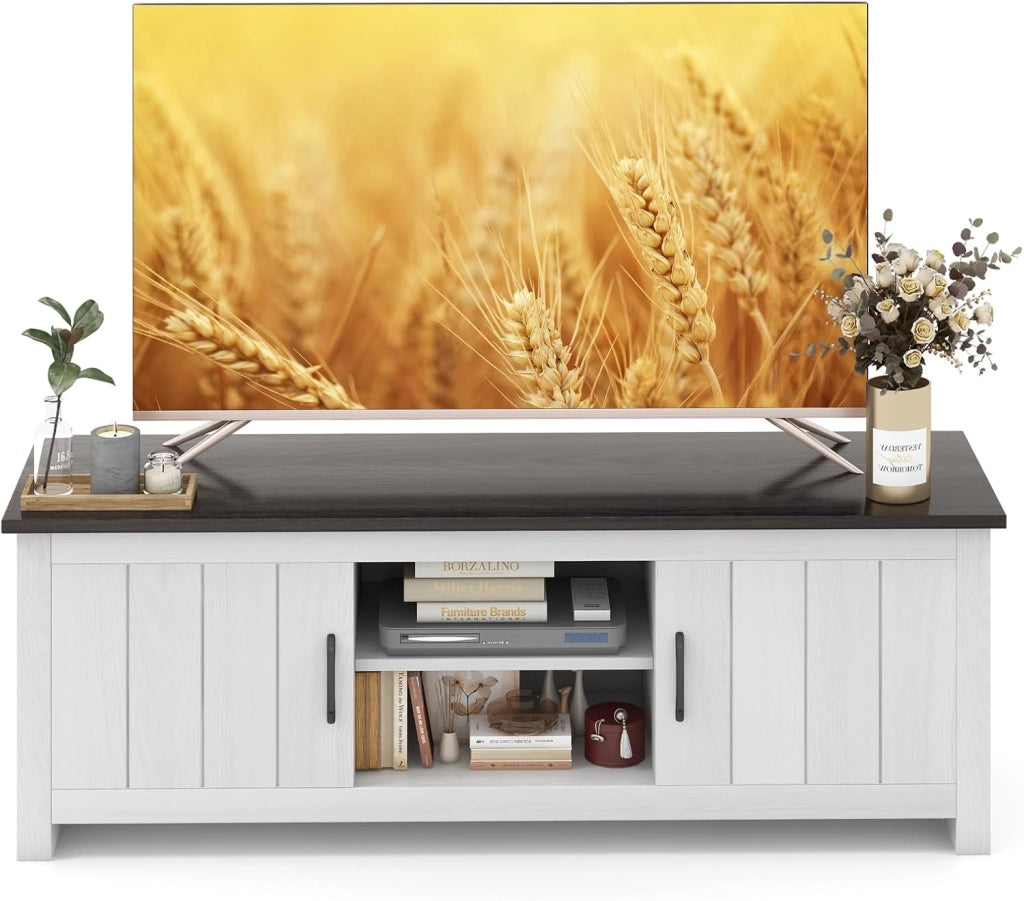 Mobile TV con 2 Ante per TV fino a 65", Mobile Porta TV in Legno con Ripiani Aperti, Mobile per TV in Legno per Soggiorno, 145 x 39,5 x 49,5 cm (Grigio Scuro)