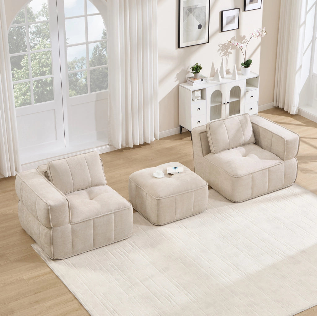 Divano modulare angolare con pouf 198x162x67 cm in poliestere beige