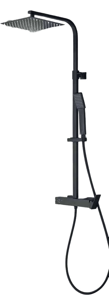 Colonna Doccia Quadrata Nero Opaco con Miscelatore Meccanico e Deviatore Integrato, Soffione 25x25 cm e Doccetta Quadrat