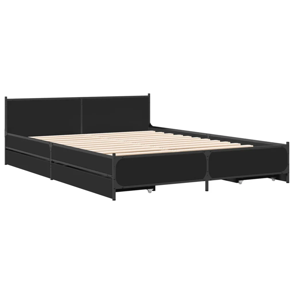 Letto matrimoniale | Letto per adulti | Giroletto con Cassetti Nero 135x190 cm in Legno Multistrato
