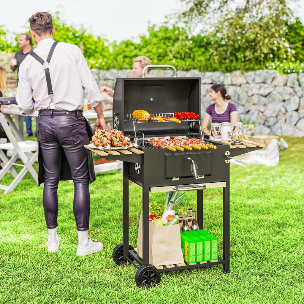 Barbecue carbone regolabile in altezza con griglia, coperchio, termometro, ripiani, ruote e apribottiglie ¨C zephmum ¨C nero