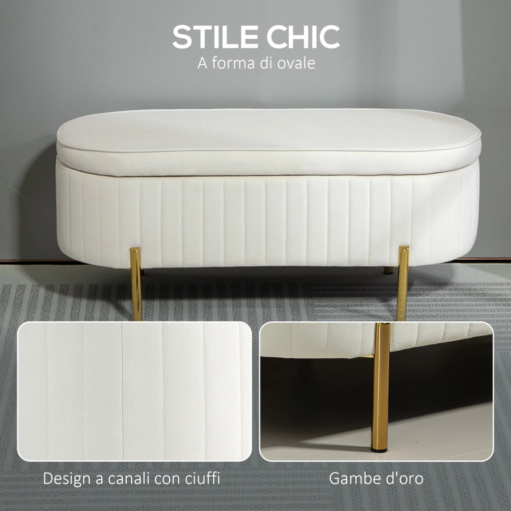 Panca Contenitore Ovale in Velluto e Legno ¨C Zephmum ¨C 108x44x43.5 cm Crema