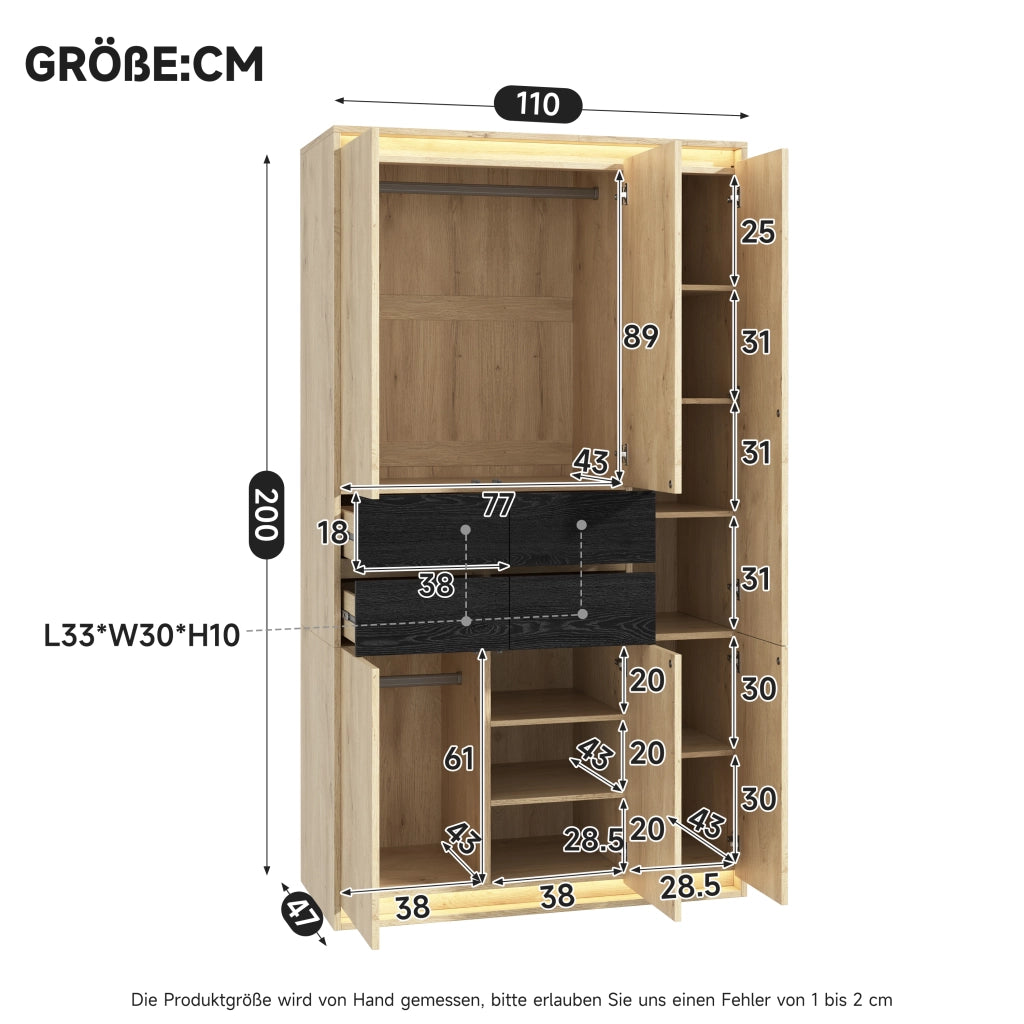 Armadio con Specchio e LED Guardaroba Moderno Rovere 110x47x200 cm con 4 Cassetti e 9 Scomparti