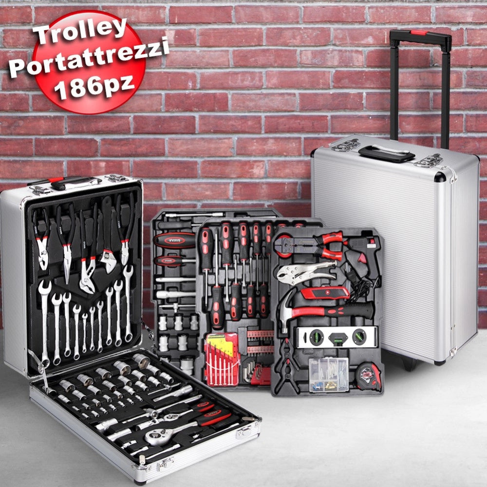 Trade Shop - Set Attrezzi 186pz Trolley Valigia Portattrezzi Cassetta Portautensili Lavoro -