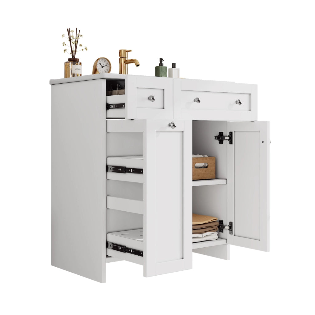 Mobile bagno freestanding con lavabo in ceramica, 76x47x86 cm, bianco, in MDF con finitura laccata, 3 cassetti e anta, chiusura soft-close