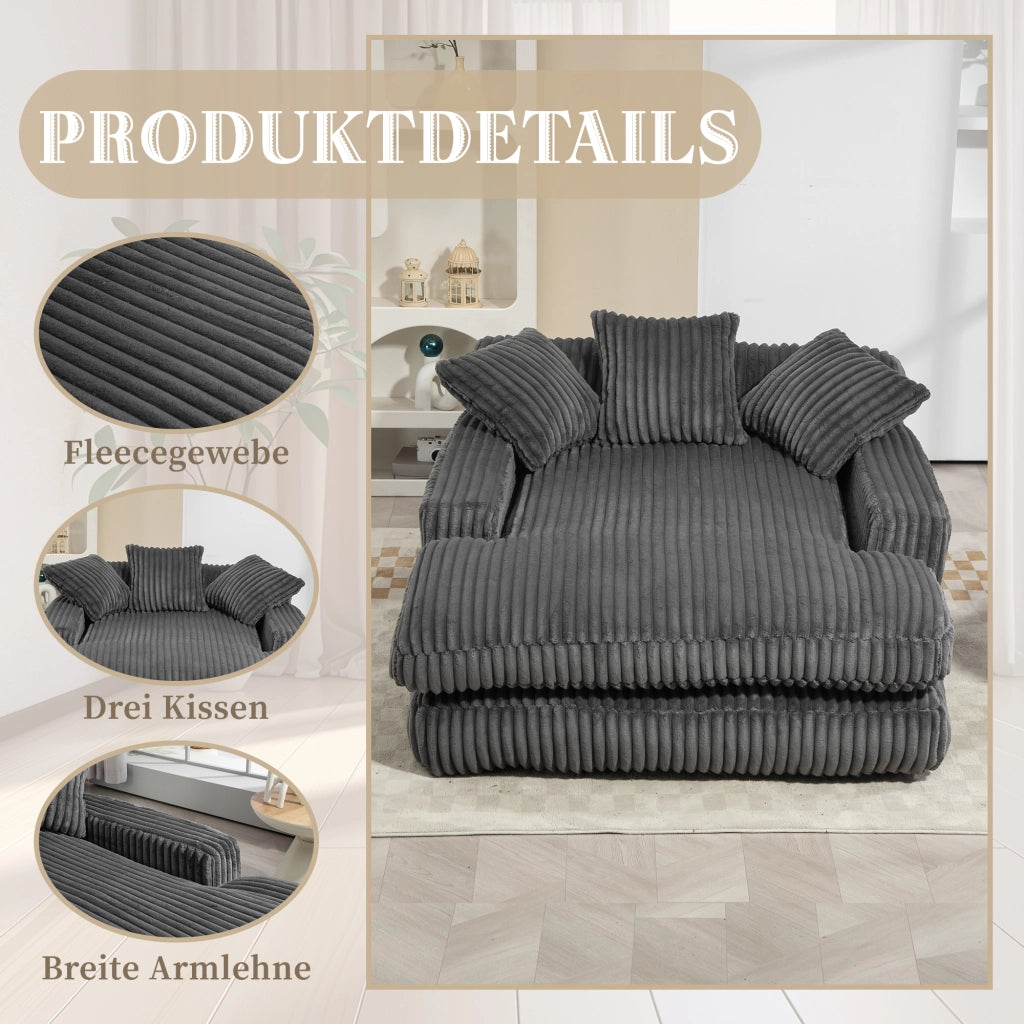 Chaise Longue da Interno 1 Posto con 3 Cuscini; Senza Montaggio; Seduta Ergonomica in Velluto a Coste Grigio Scuro
