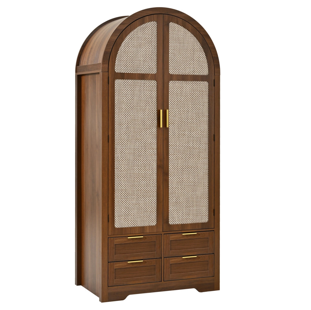 Armadio 80x50x179 cm con ante curve e pannelli in rattan; in MDF noce