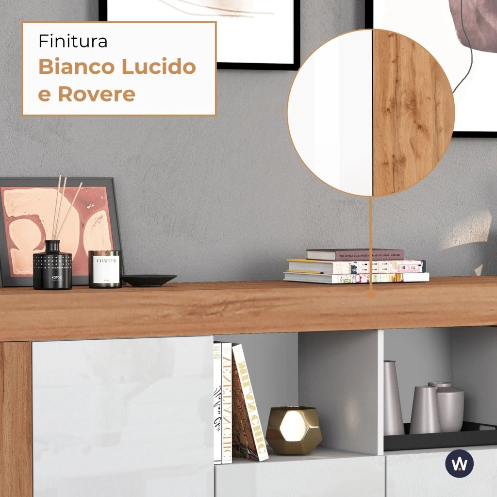 WHOUS Credenza Chronos 4 ante e 2 vani bianco lucido e rovere 200x40x85 cm