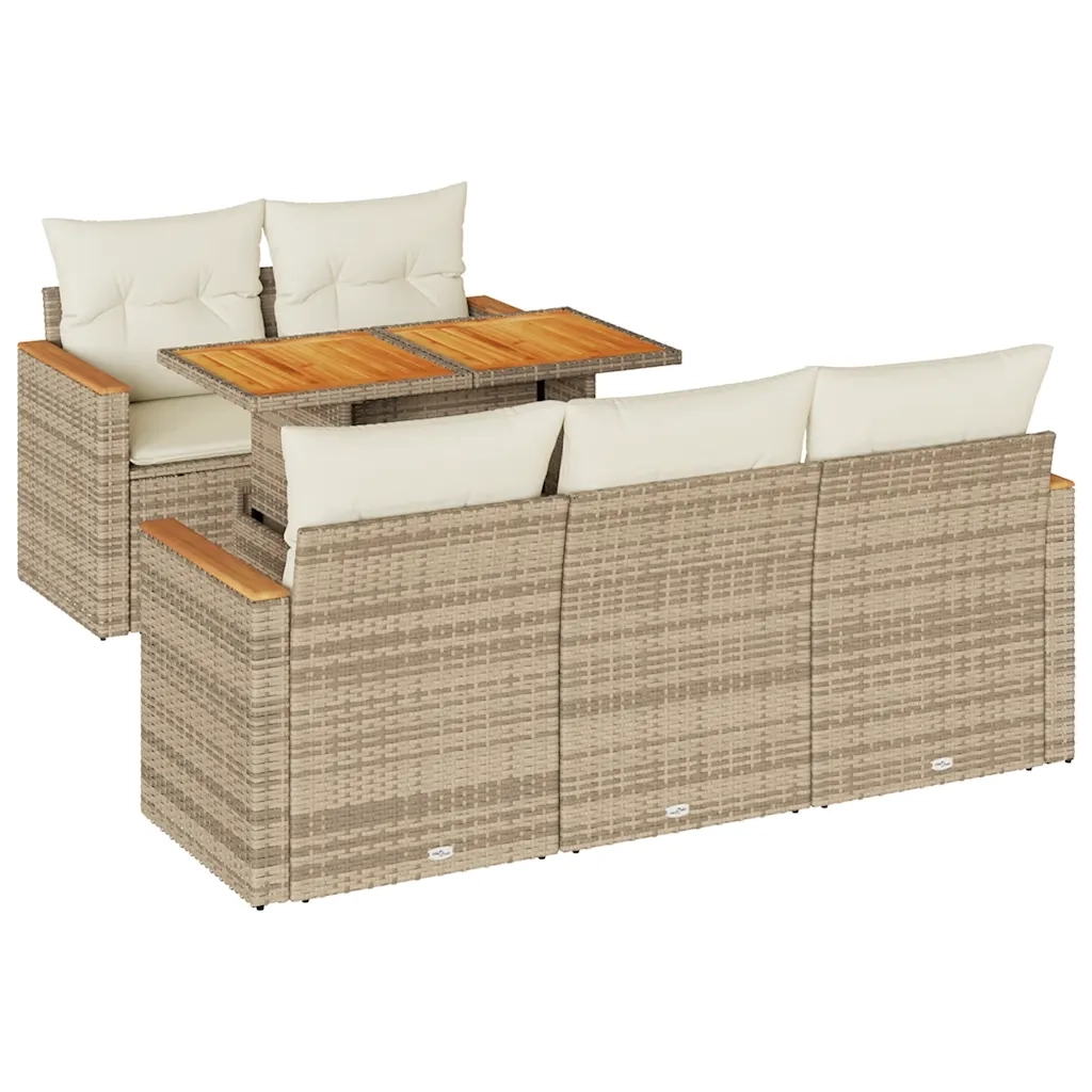 Set Divano da Giardino 6 pz con Cuscini Beige Polyrattan Acacia