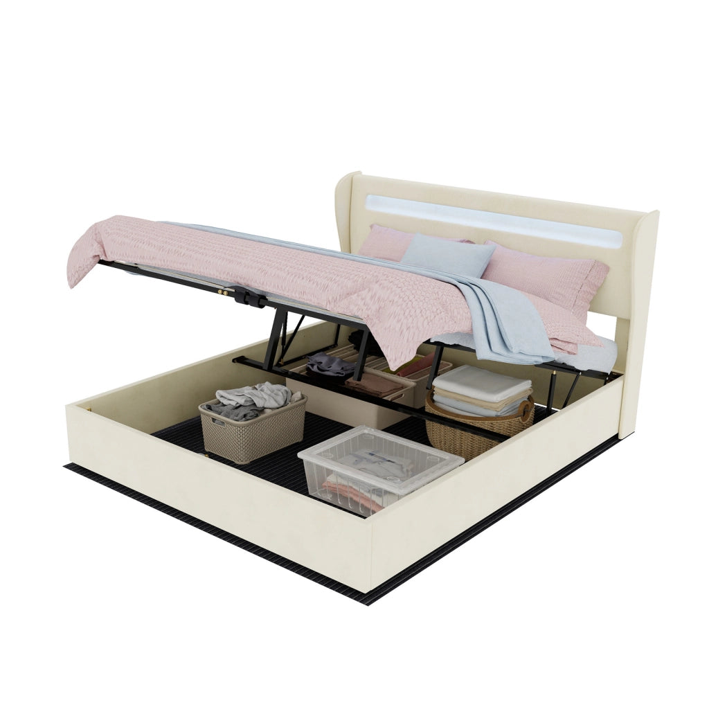Letto imbottito ULEVR 160x200 cm con testiera regolabile e illuminazione LED multicolore, beige