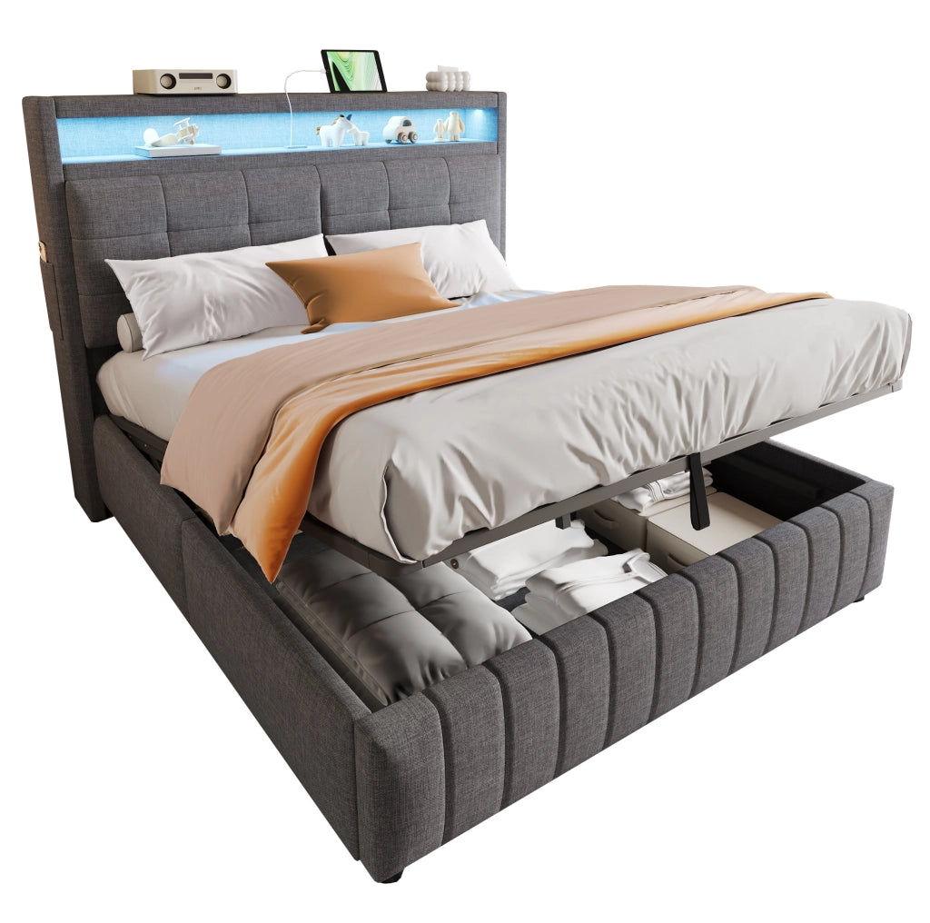 Letto matrimoniale imbottito 160x200 cm in tessuto effetto lino grigio con LED; USB e contenitore