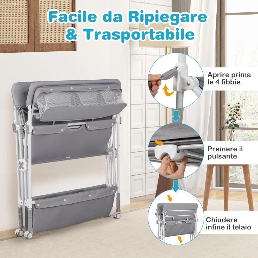 Fasciatoio Pieghevole Neonato, Fasciatoio Portatile con Altezza Regolabile, Comodino per Pannolini con Ruote di Bloccabili, 2 Ripiani, Porta Asciugamani, Cestino di Rifiuti (Grigio)