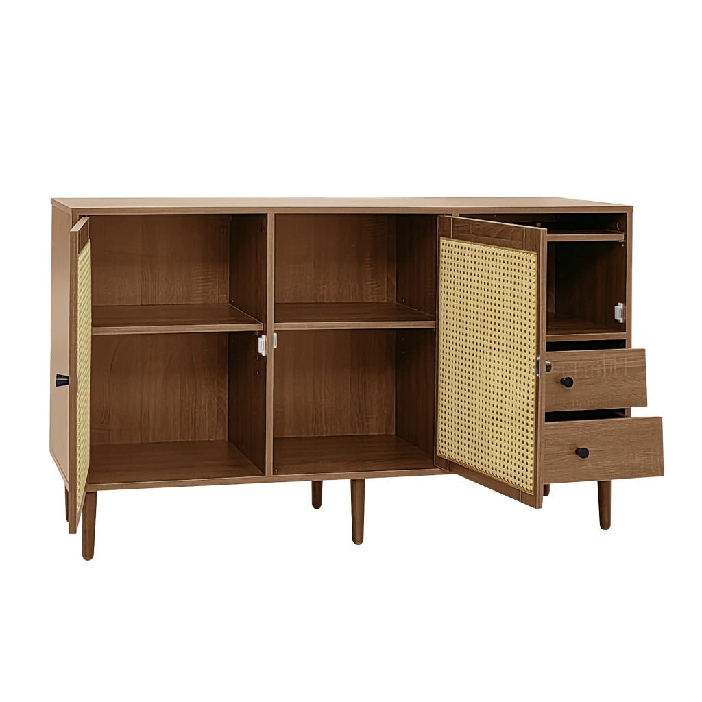 Credenza e Madia con 2 Ante in Rattan; Ripiani Regolabili; Stile Country; in Pannelli di Particelle; Legno; 130×40×75;5 cm