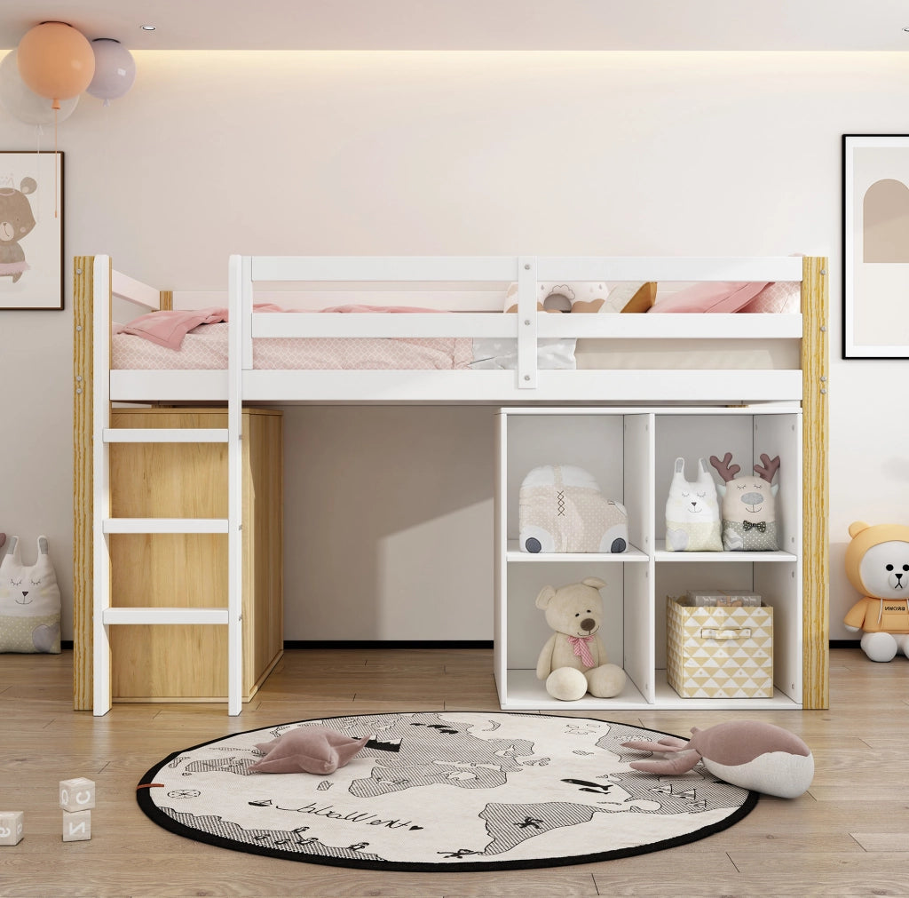 Letto a soppalco per bambini 90x200 cm in legno massello e MDF; naturale e bianco; con 2 contenitori e scala
