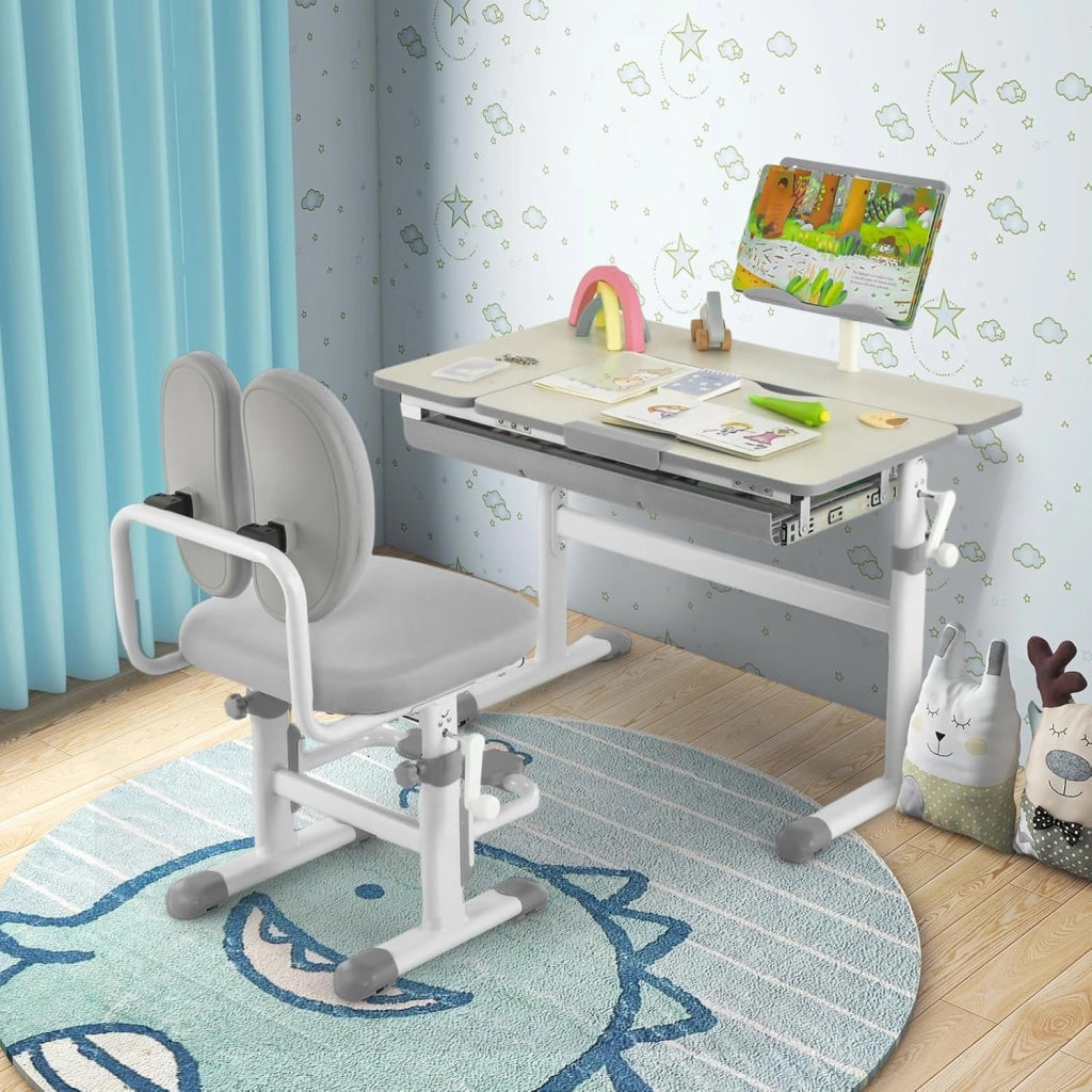 Scrivania per Bambini, Tavolo per Studenti con Regolabile in Altezza, con Piano Ribaltabile, Libreria, Cassetti e Righello di Misurazione, Ergonomica, Ideale per Bambini 3-12 Anni (Grigio)