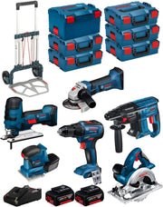 BOSCH Kit 18V BK601 (GST 18 V-LI S + GKS 18 V-LI + GSS 18V-10 + GSR 18V-55 + GBH 18V-21 + GWS 18-125 V-LI + 2 Batterie di 4,0 Ah + Caricabatterie + 5 x L-Boxx 136 + L-Box 238 + Caddy)