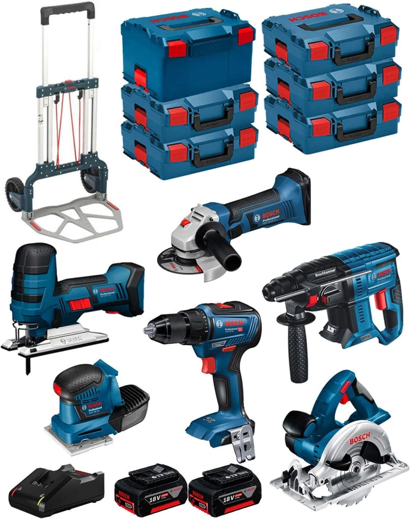 BOSCH Kit 18V BK601 (GST 18 V-LI S + GKS 18 V-LI + GSS 18V-10 + GSR 18V-55 + GBH 18V-21 + GWS 18-125 V-LI + 2 Batterie di 4,0 Ah + Caricabatterie + 5 x L-Boxx 136 + L-Box 238 + Caddy)