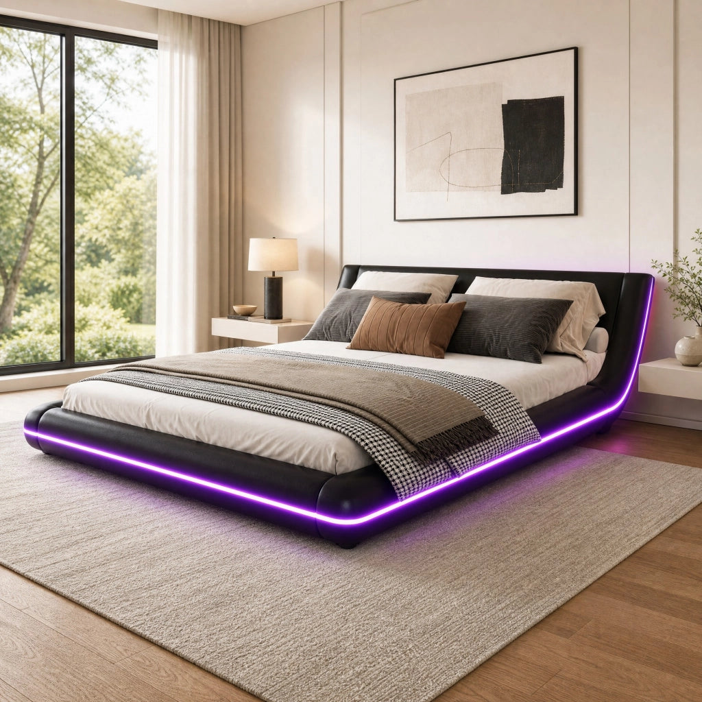 Letto a pavimento 160x200 cm in PU nero con LED