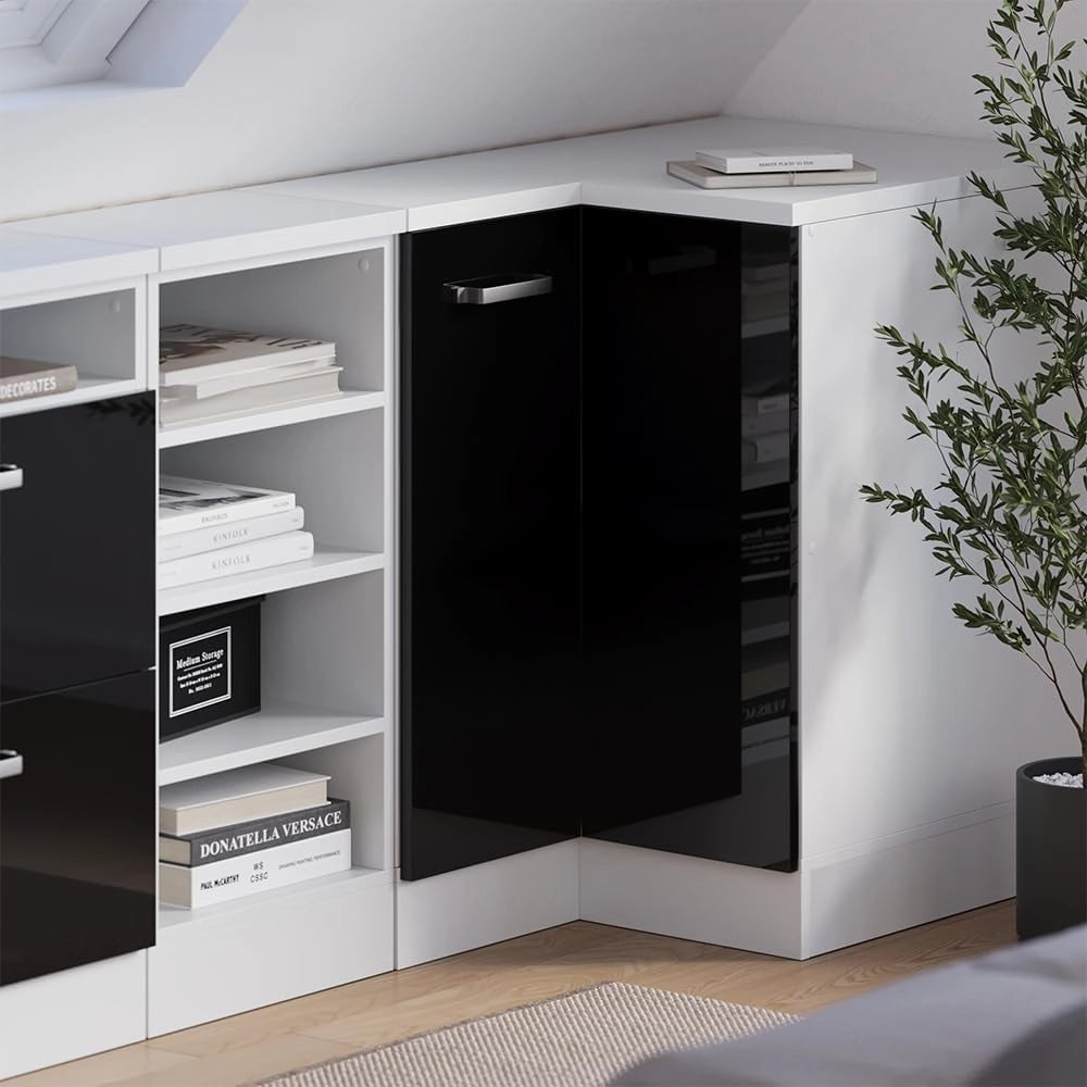 Mobile sottotetto Mobile angolare Rion, Nero lucido, 75.6 x 81.6 cm con 1 porta, carcassa dell’armadio profondità 60 cm, adatto per il salvaspazio sotto tetti spioventi