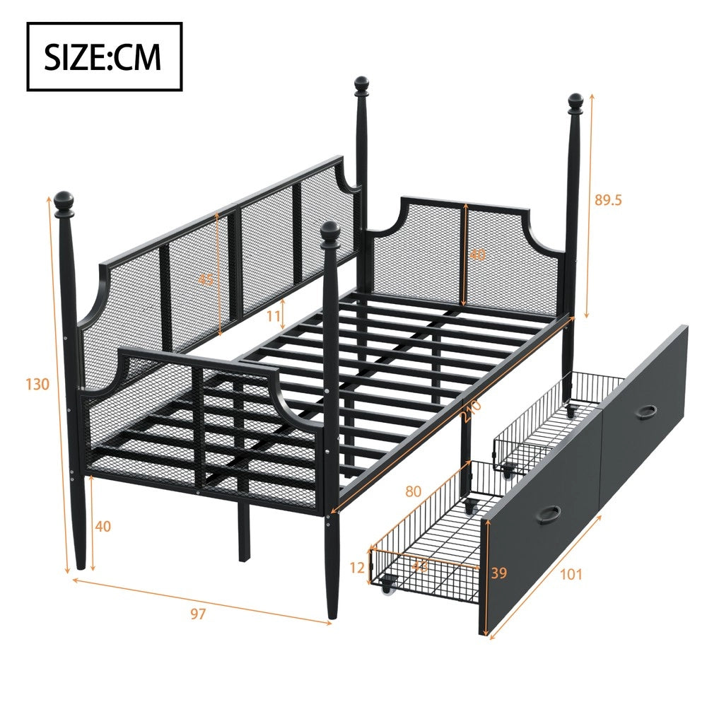 Letto Singolo in Metallo con Struttura a Colonne e Rete ¨C MINIMAL ¨C Nero 90x200