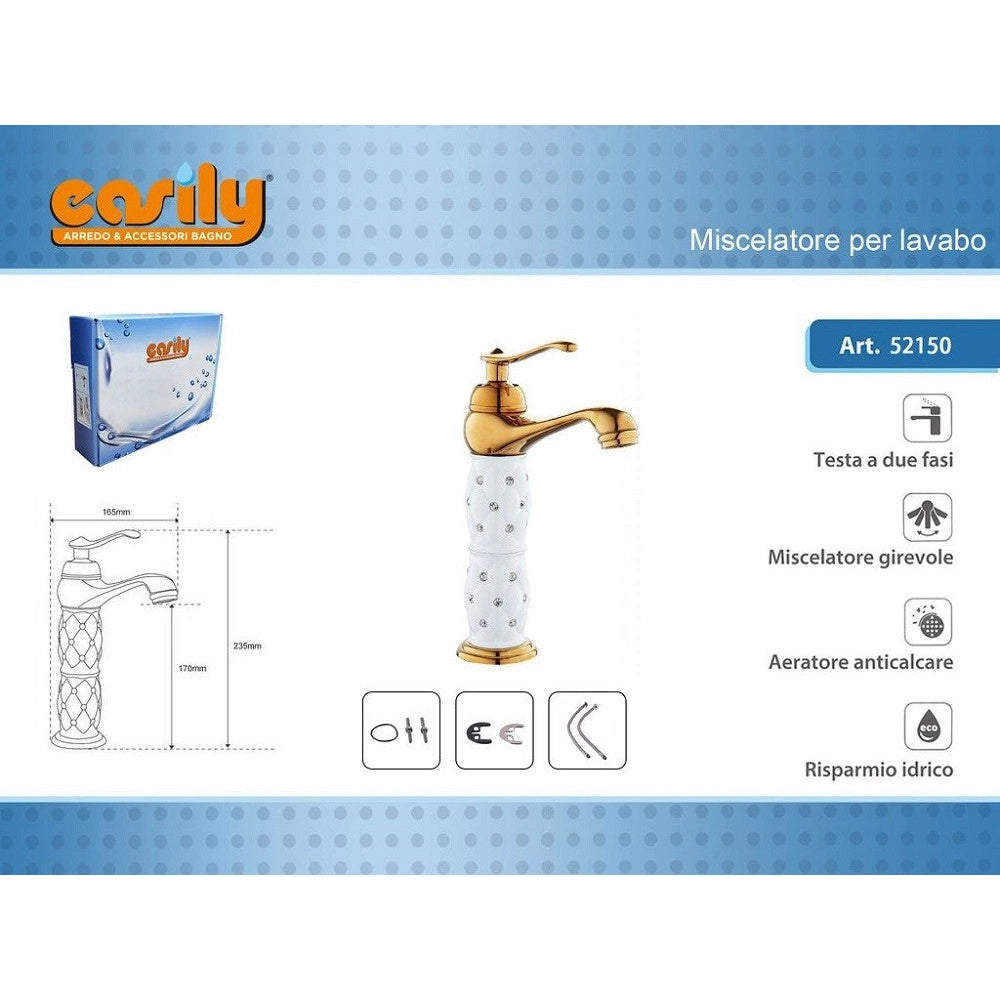Trade Shop - Rubinetto Per Lavabo Alto Con Brillantini Miscelatore Bagno Monoforo Oro 52150 -