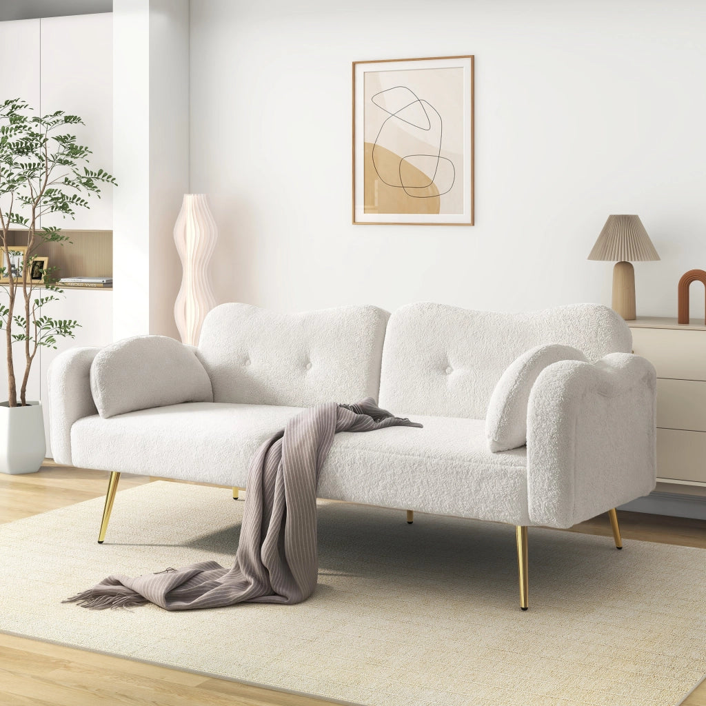Divano Letto 2 Posti con Schienali Regolabili in 3 Posizioni e 2 Cuscini, in Tessuto Misto Bianco 155 × 85.5 cm
