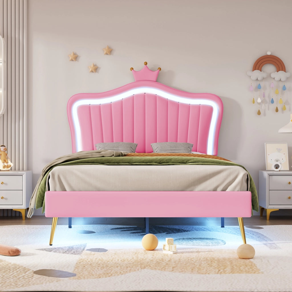 Letto Imbottito per Bambini con LED ¨C MINIMAL ¨C Rosa, PU, Rete a Doghe, 90x200