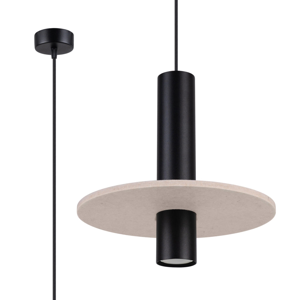 Lampada sospensione tubo nero disco feltro beige GU10
