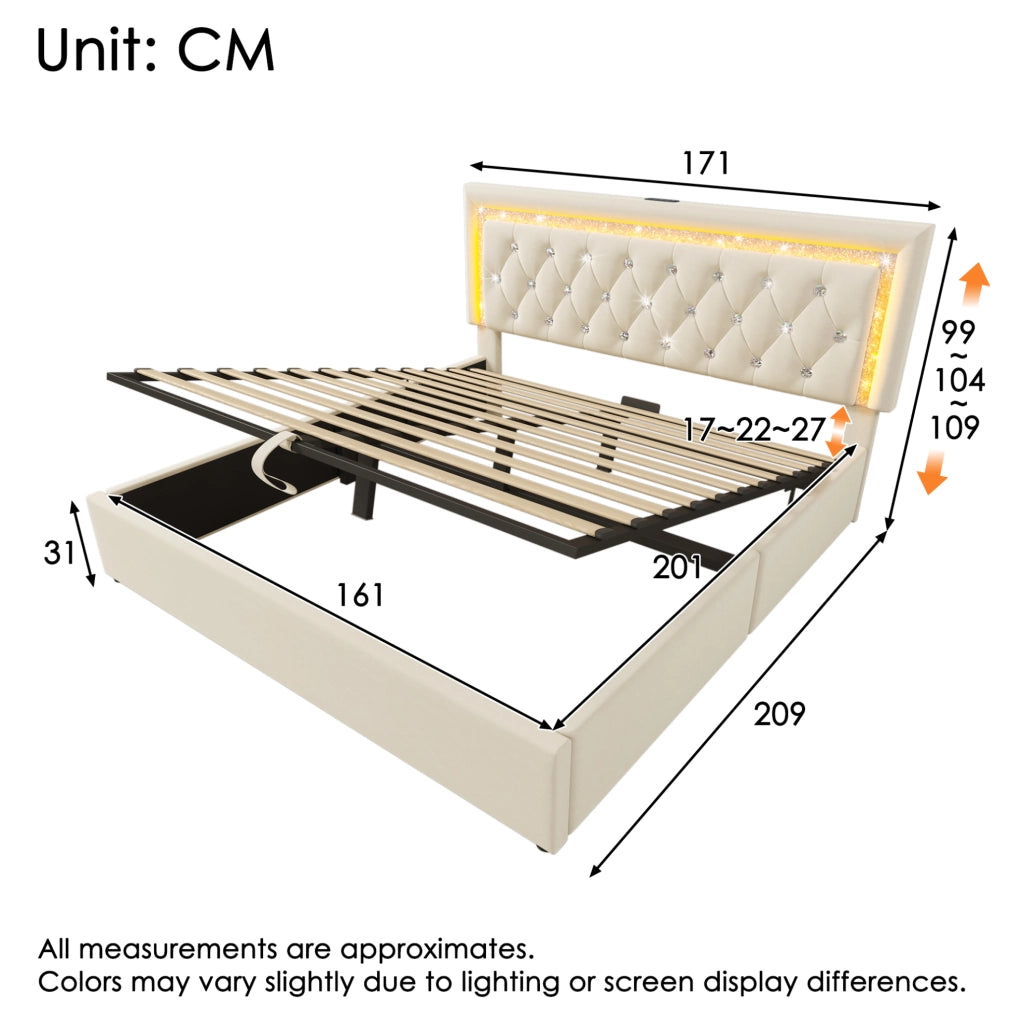 Letto matrimoniale 160x200 in velluto beige con LED e USB-C