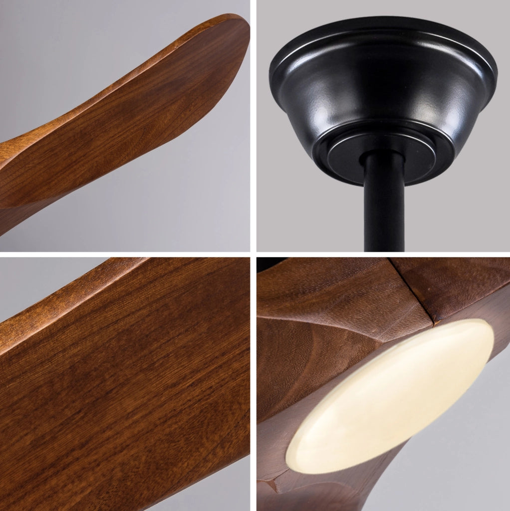 Ventilatore da soffitto con luce LED 42 pollici; 3 pale in legno massello noce; nero