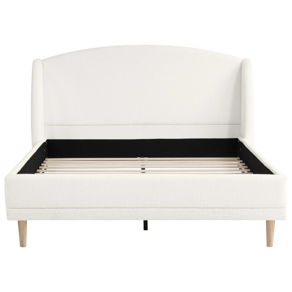 Letto Imbottito Boucl¨¦ con Testiera a Orecchie ¨C MINIMAL ¨C Bianco Avorio, 140x190, Doghe