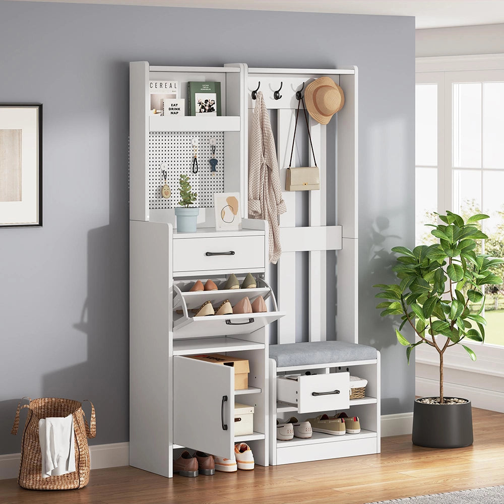 Appendiabiti 7 in 1 con panchina - Xylo - 7 ganci, pannello forato, 2 cassetti, bianco, 110x35x175.5 cm