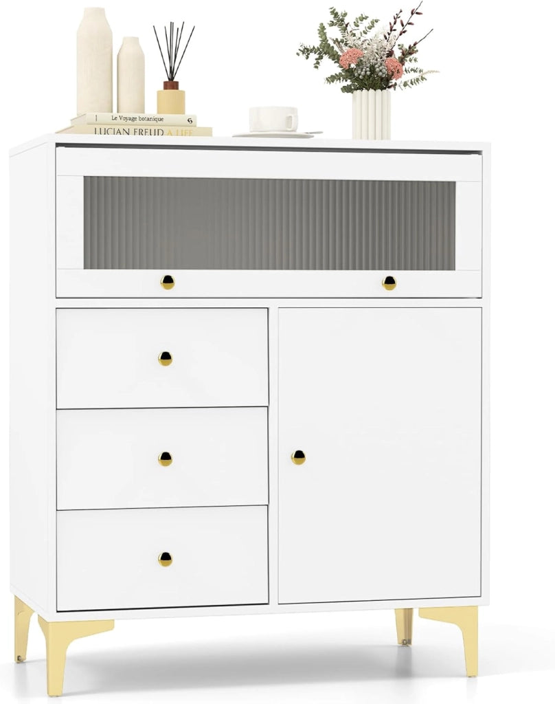 Cassettiera Credenza Camera da Letto a 3 Cassetti, Mobile con Ante e Scomparto con Vetrina Ribaltabile, Comò per Ingeresso, Soggiorno e Cucina, 80 x 40 x 95,5 cm, Bianco