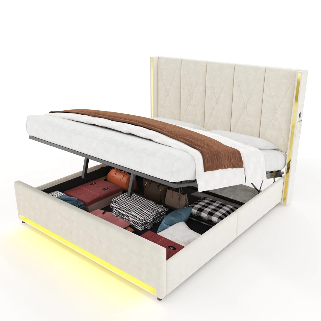 Letto 180x200 cm con contenitore; LED; USB e Type-C in velluto beige