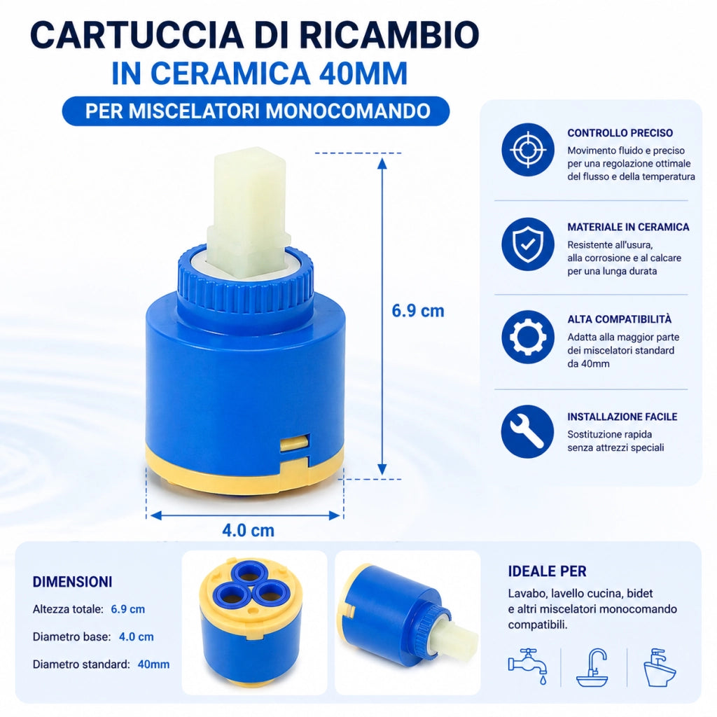 2 Cartucce Cartuccia Per Miscelatore Rubinetto Monocomando Diametro 40mm 52986