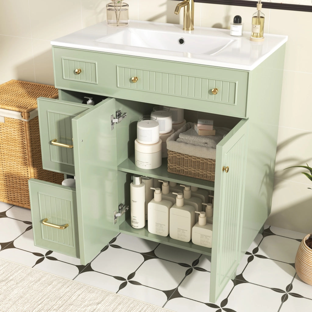 Mobile sottolavabo con lavabo in ceramica e più cassetti, per bagno, in MDF laccato verde 81,7 cm