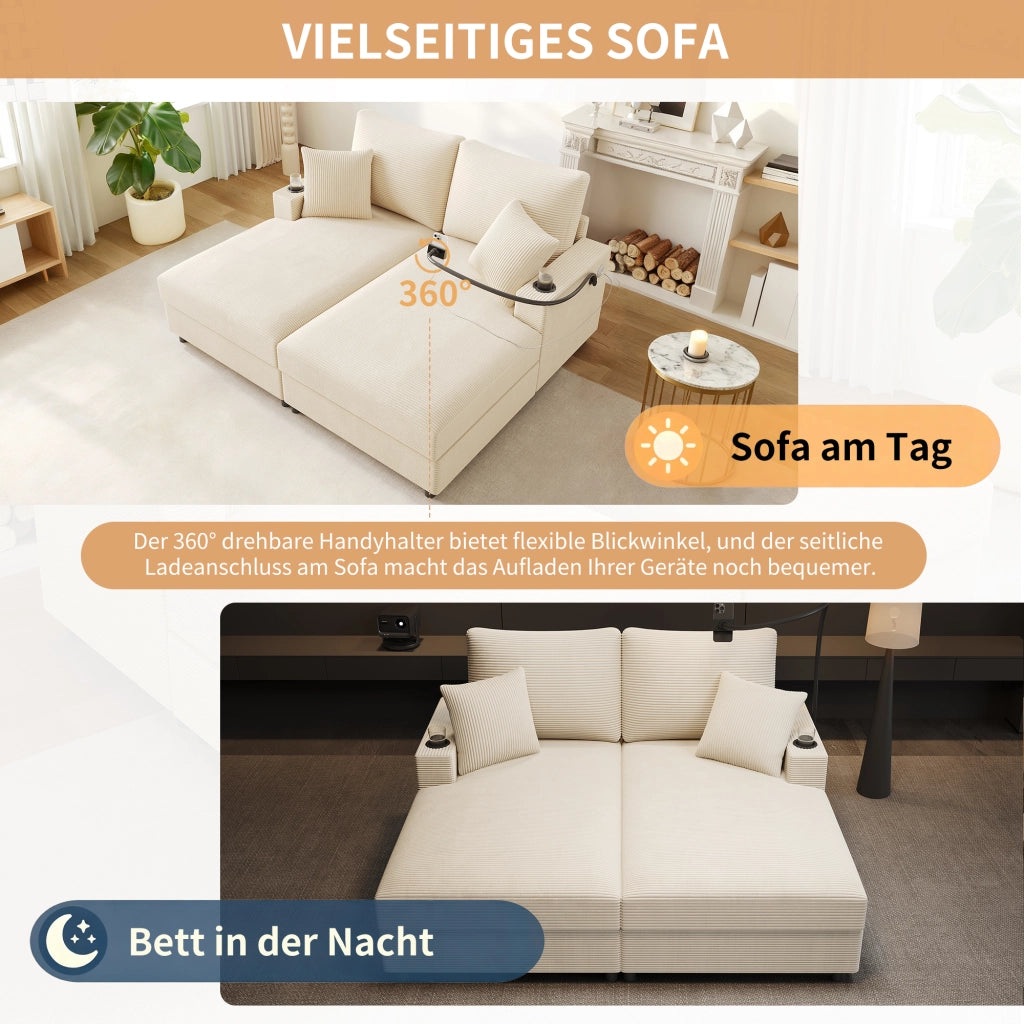 DIVANO Relax 163x140x82 cm in velluto a coste beige, 2 posti