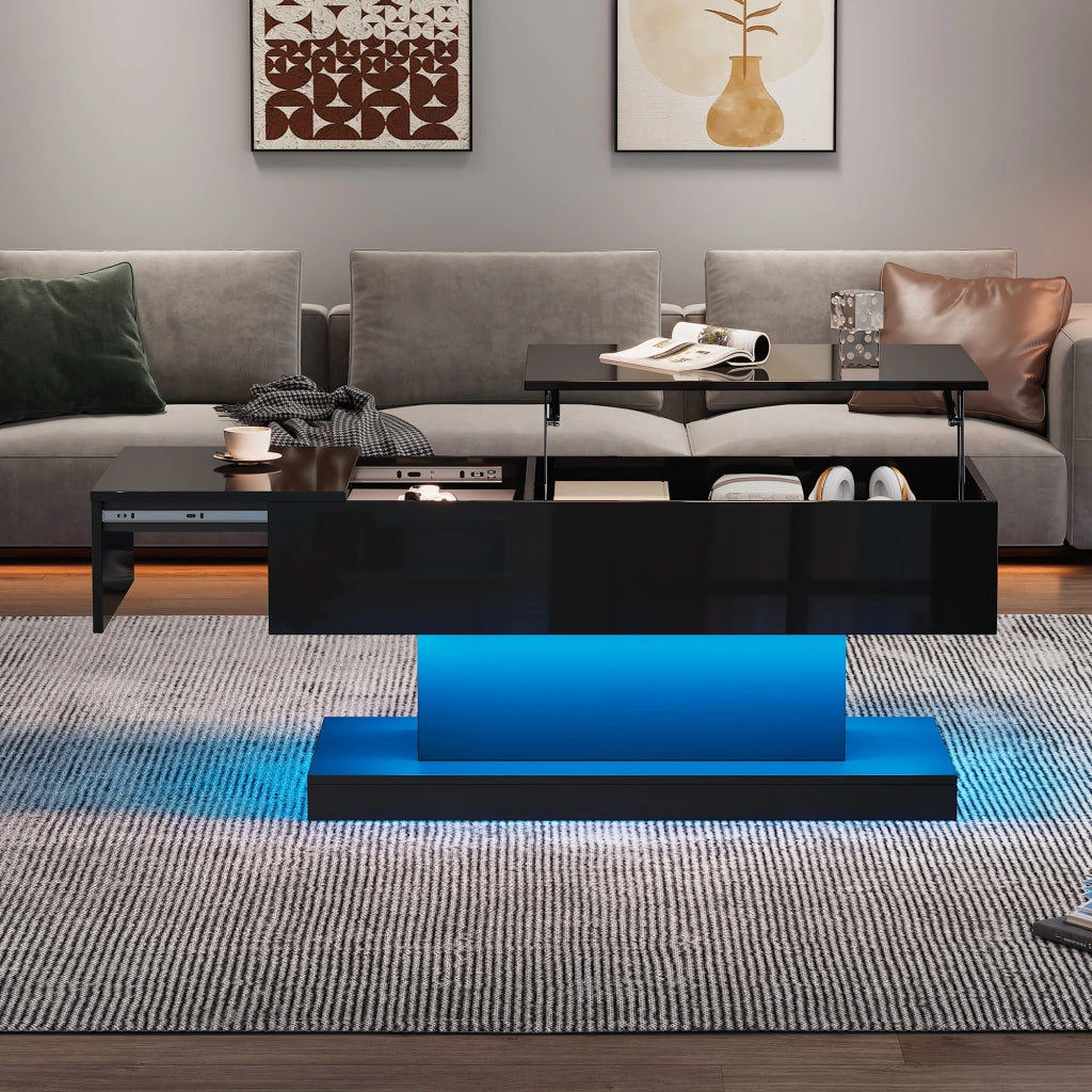Tavolino da caff¨¨ moderno con sollevamento idraulico, piano scorrevole, LED e vano contenitore 100x50x45 cm nero