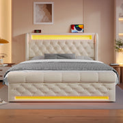 Letto contenitore 140x200 cm imbottito in velluto beige con LED; USB e USB-C