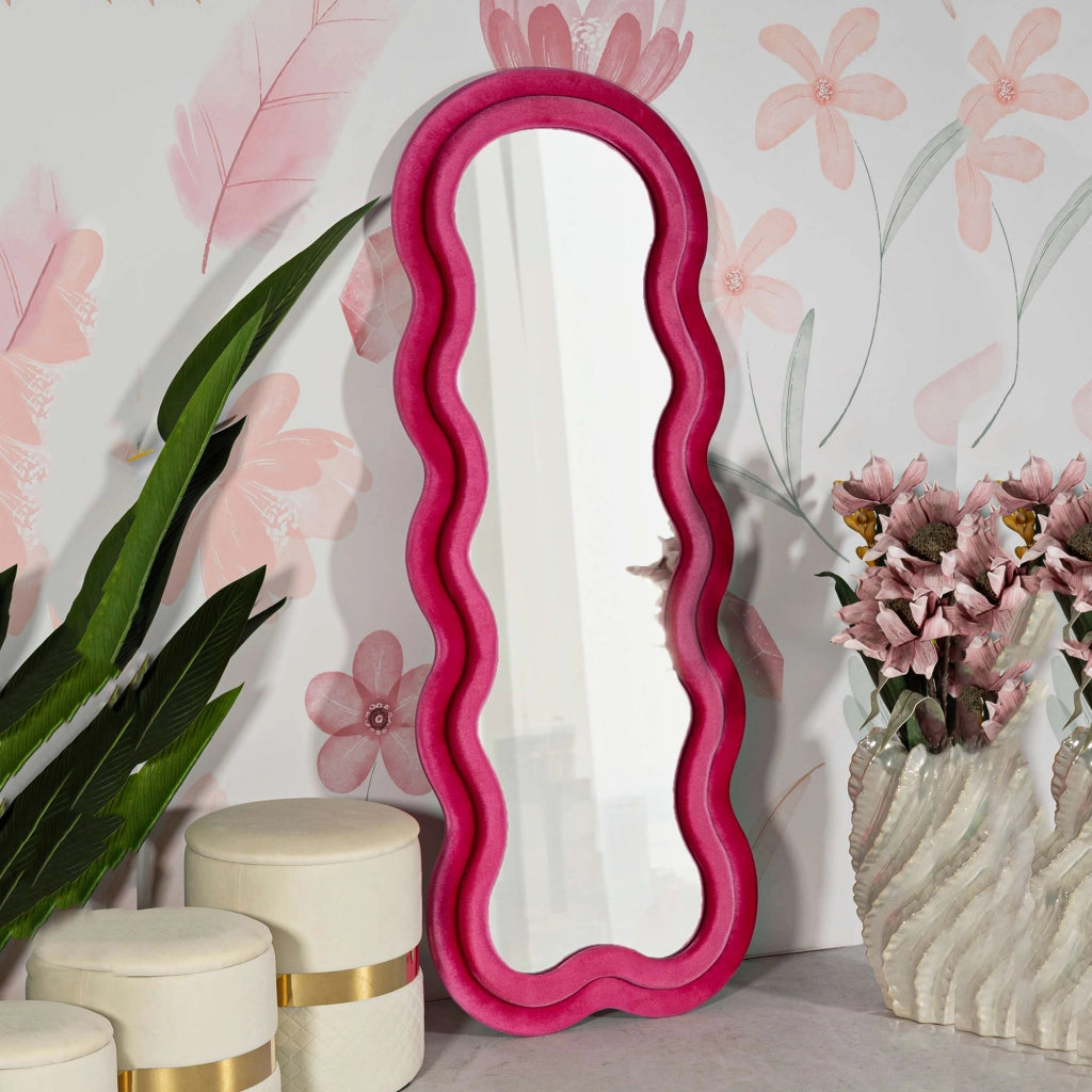 Marylin, Specchio Cornice Ondulata Effetto Velluto, 60x160h cm Rosa