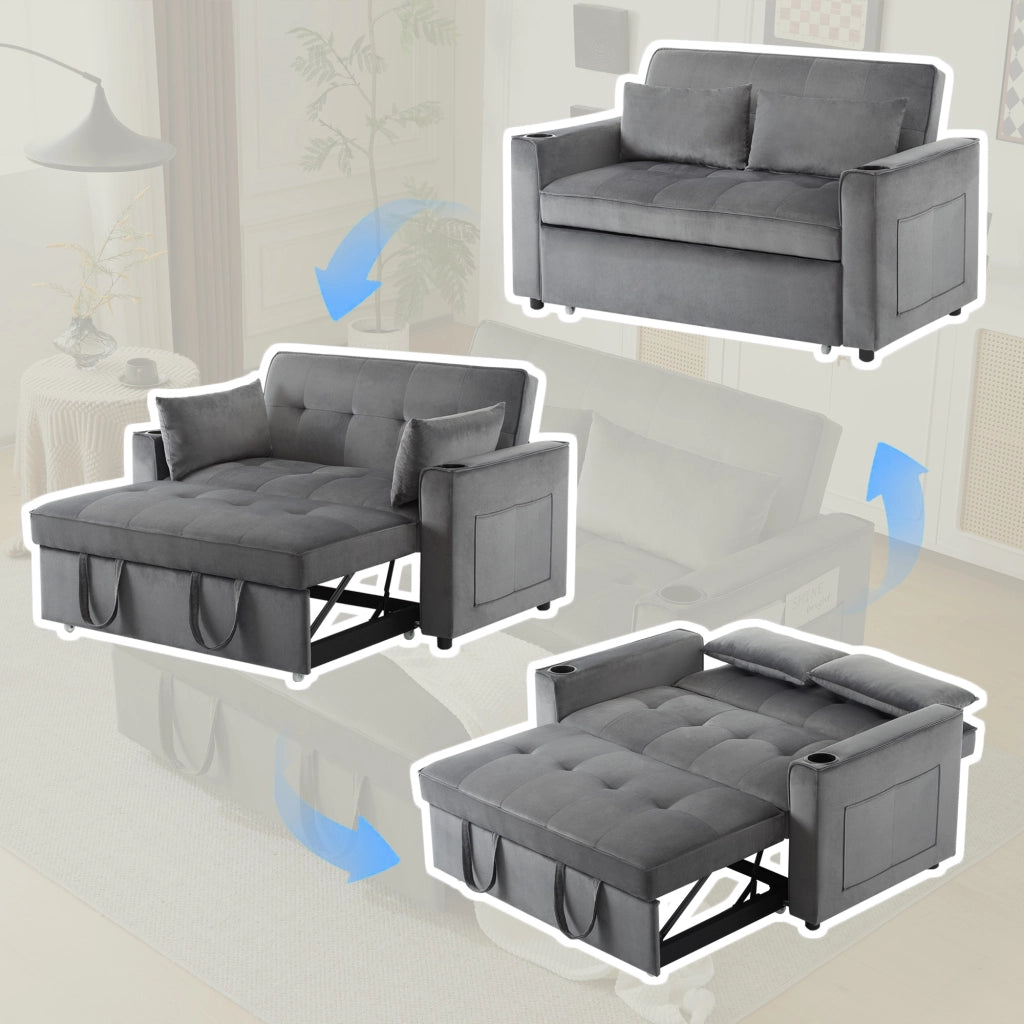 OKWISH Divano Letto 2 Posti, Schienale Regolabile a 3 Posizioni con Portabicchieri e Tasche Laterali, Velluto Grigio