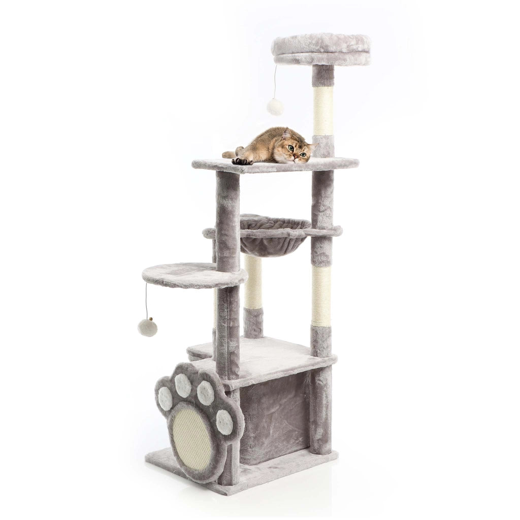 Fudajo Albero tiragraffi grigio con zampa 135cm Con sisal e casetta Cuccia per gatti Nicchia