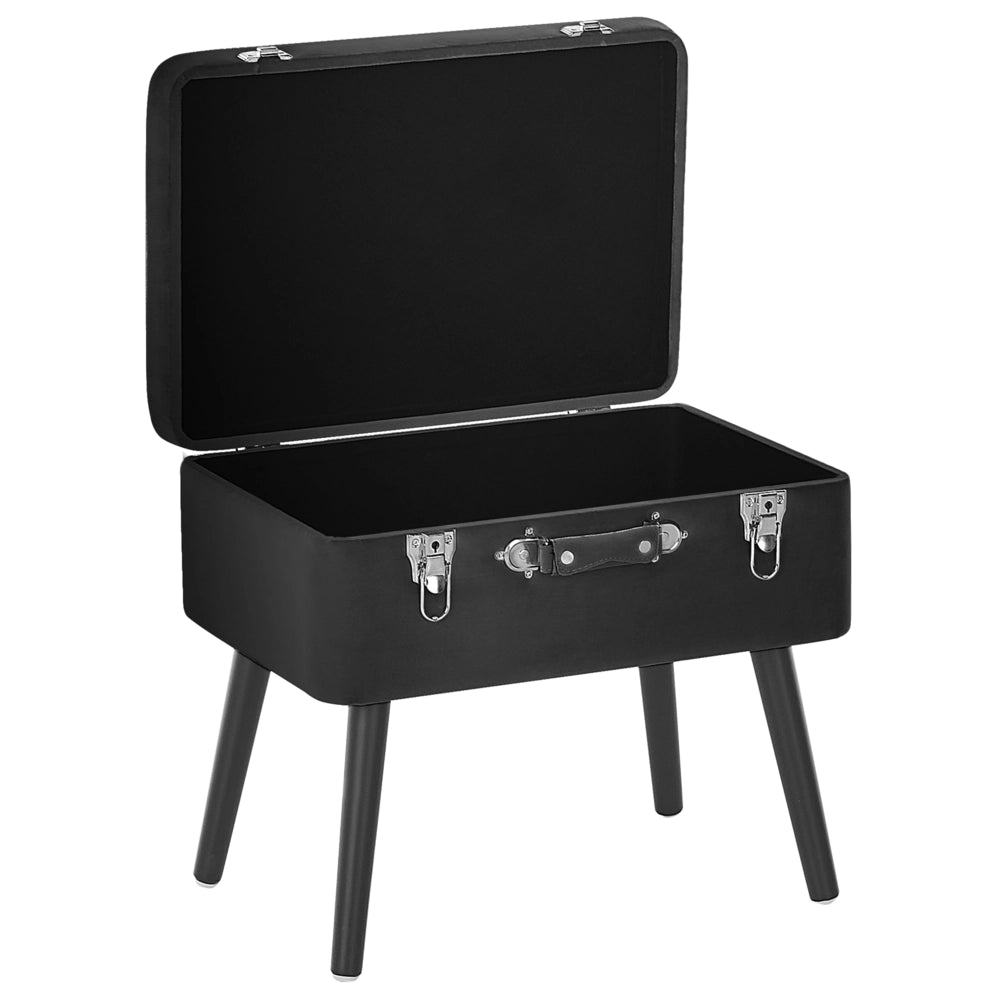 Comodino Sgabello Contenitore gambe nere imbottite in velluto Nero design a valigia con bottoni