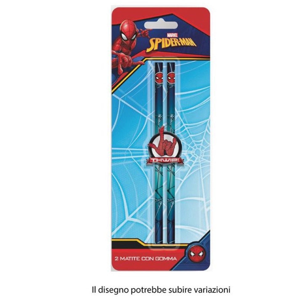 Trade Shop - Set 2 Pz Matite Con Gomma Tonda Grafica Spiderman Cancelleria Scuola Bambini 960696 -