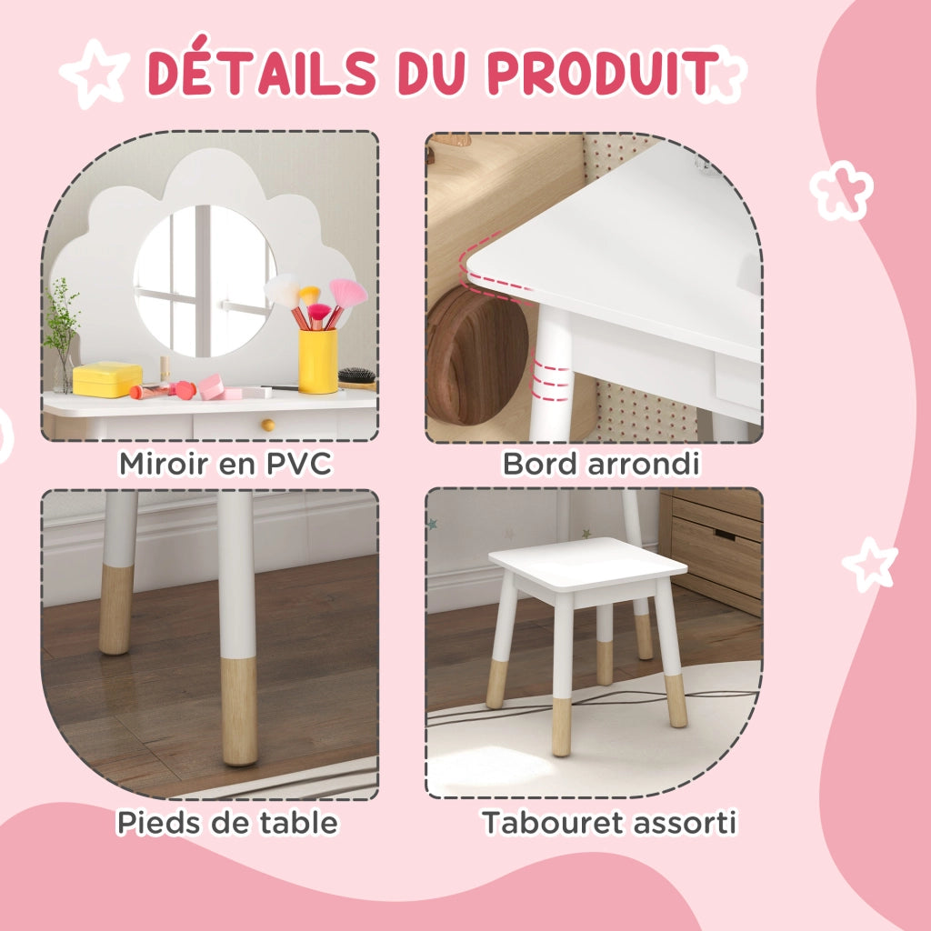 Scrivania con specchio e sedia per bambini ¨C zephmum ¨C bianco 60x40x80