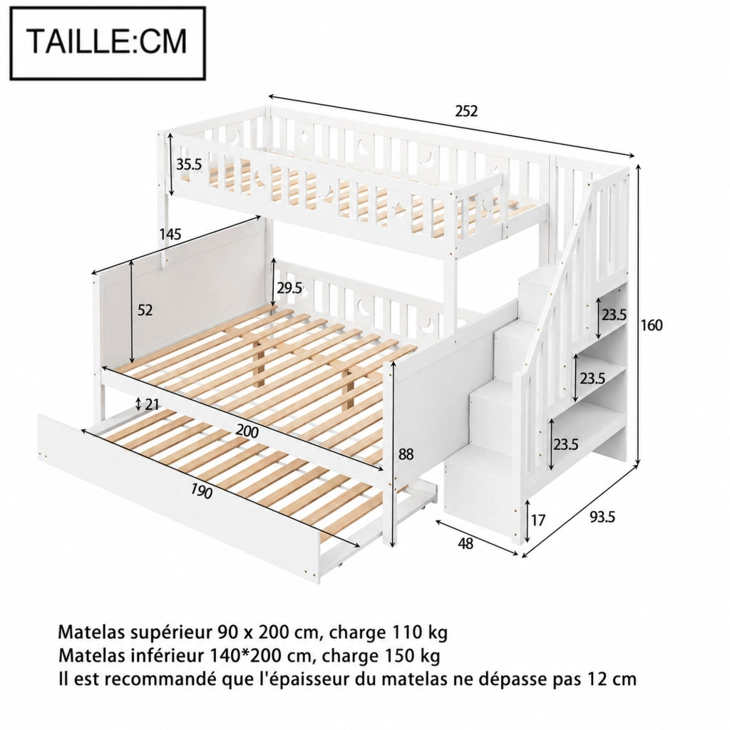 LETTO A CASTELLO 90x200/140x200 cm Bianco in legno con scaletta e letto estraibile