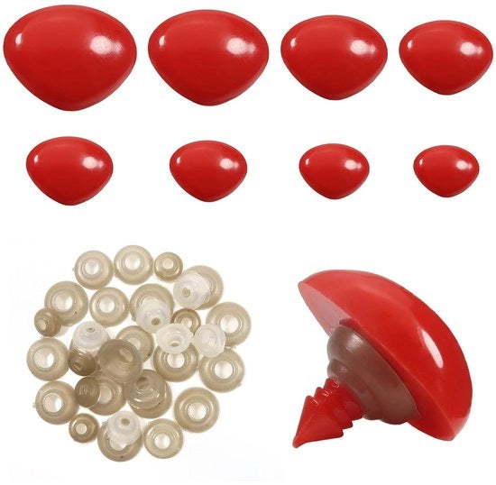 Set di punte di sicurezza in plastica - 33 pezzi - Rosso - Misure 9/11/15/18/20/23/26/29 mm - Anelli di chiusura - Ideale per progetti di fai da te - Punte per bambole