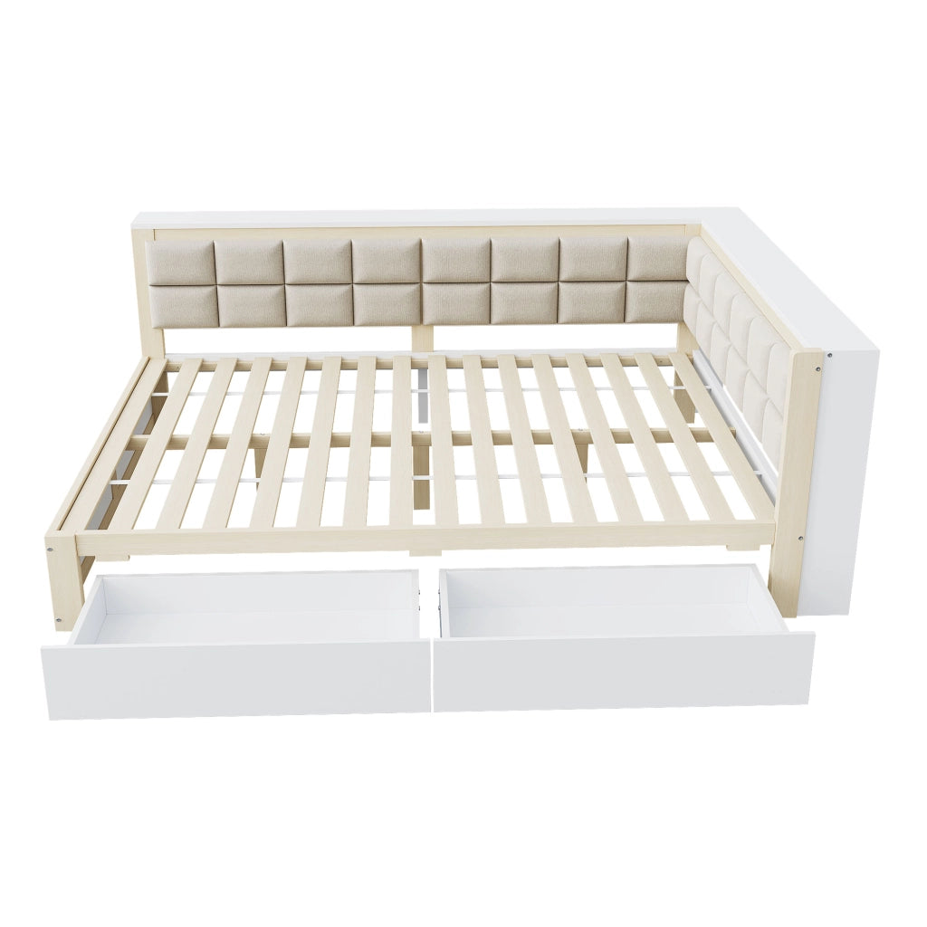 Letto a Divanetto 140 x 200 cm; Letto Singolo; 2 Cassetti e Schienale Morbido in Legno