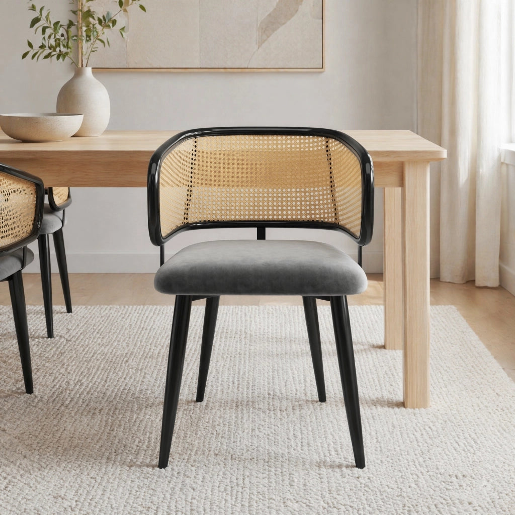 Sedia da pranzo in rattan con cuscino in velluto e gambe in ferro, schienale ergonomico, grigio